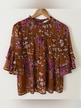 Monteau Brown Blouse with Pink Floral Ruffles